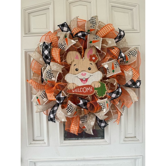 Bunny Rabbit Carrot Welcome Buffalo Check Mesh Ribbon Spring Easter Wreath - Picture 1 of 8